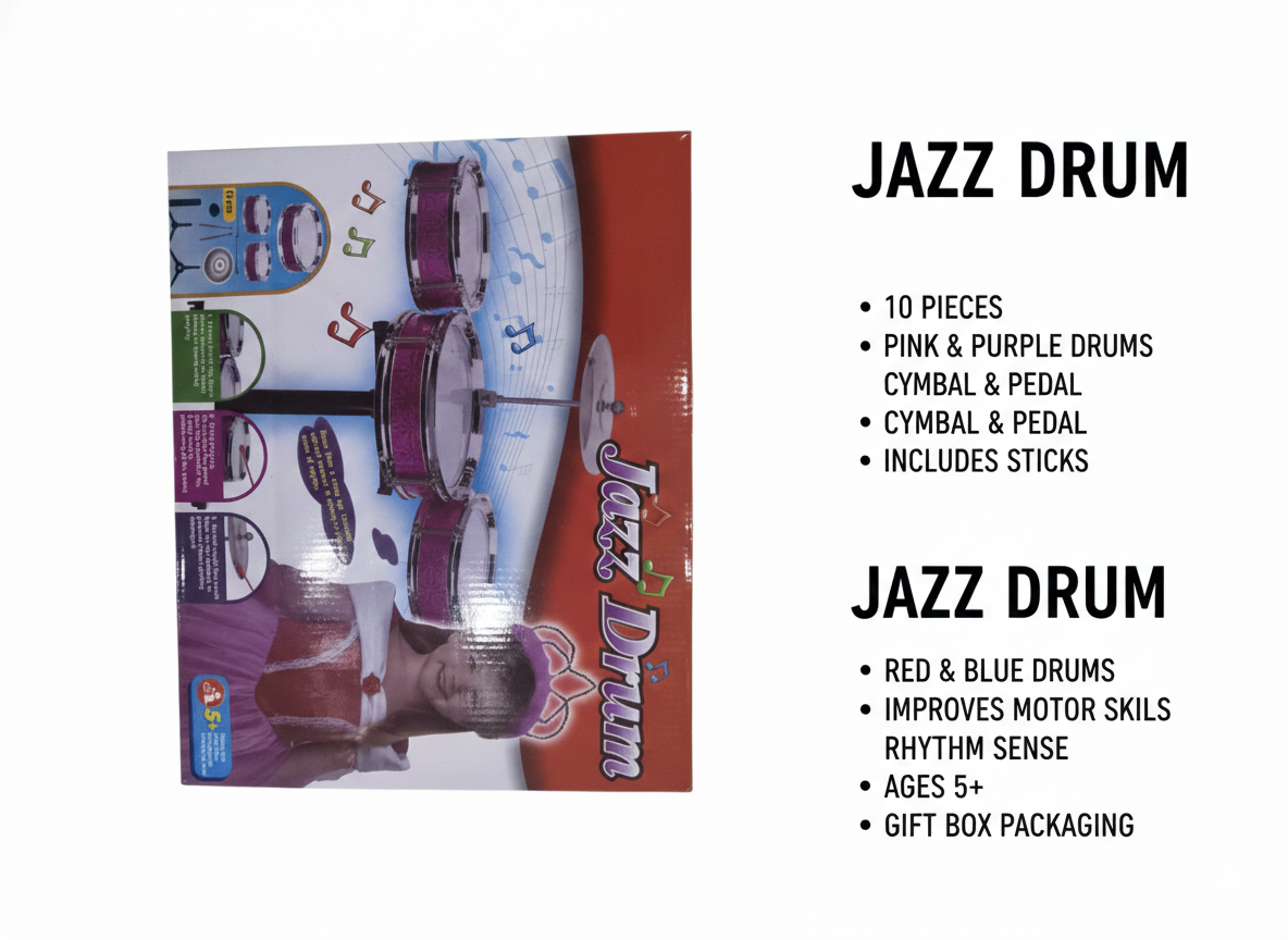 Kids Jazz Drum Set Toy with Cymbal, Pedal & Drum Sticks | 10-Piece Musical Drum Kit for Children