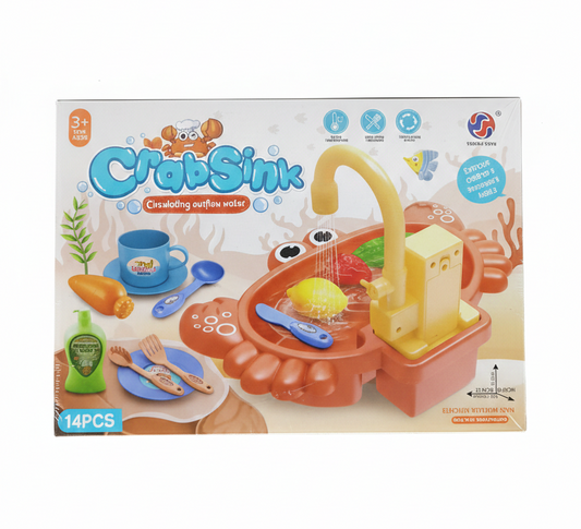 Kids Electric Crab Sink Toy with Running Water | 14-Piece Kitchen Play Set with Circulating Water System