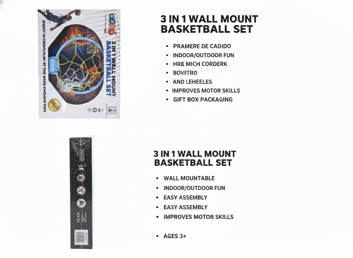 3-in-1 Kids Wall Mount Basketball Set with Hoop, Net, Ball & Pump (Ages 3+)