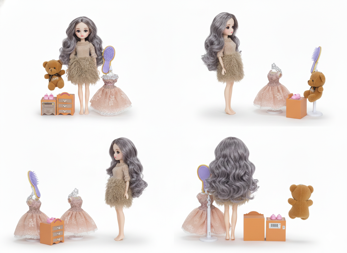 Fashion Doll for Girls with Long Grey Hair, Interchangeable Dresses, Teddy Bear & Accessories Set, Comb & Mini Furniture Included, Kids Toy Gift Age 3+ (Multicolor)