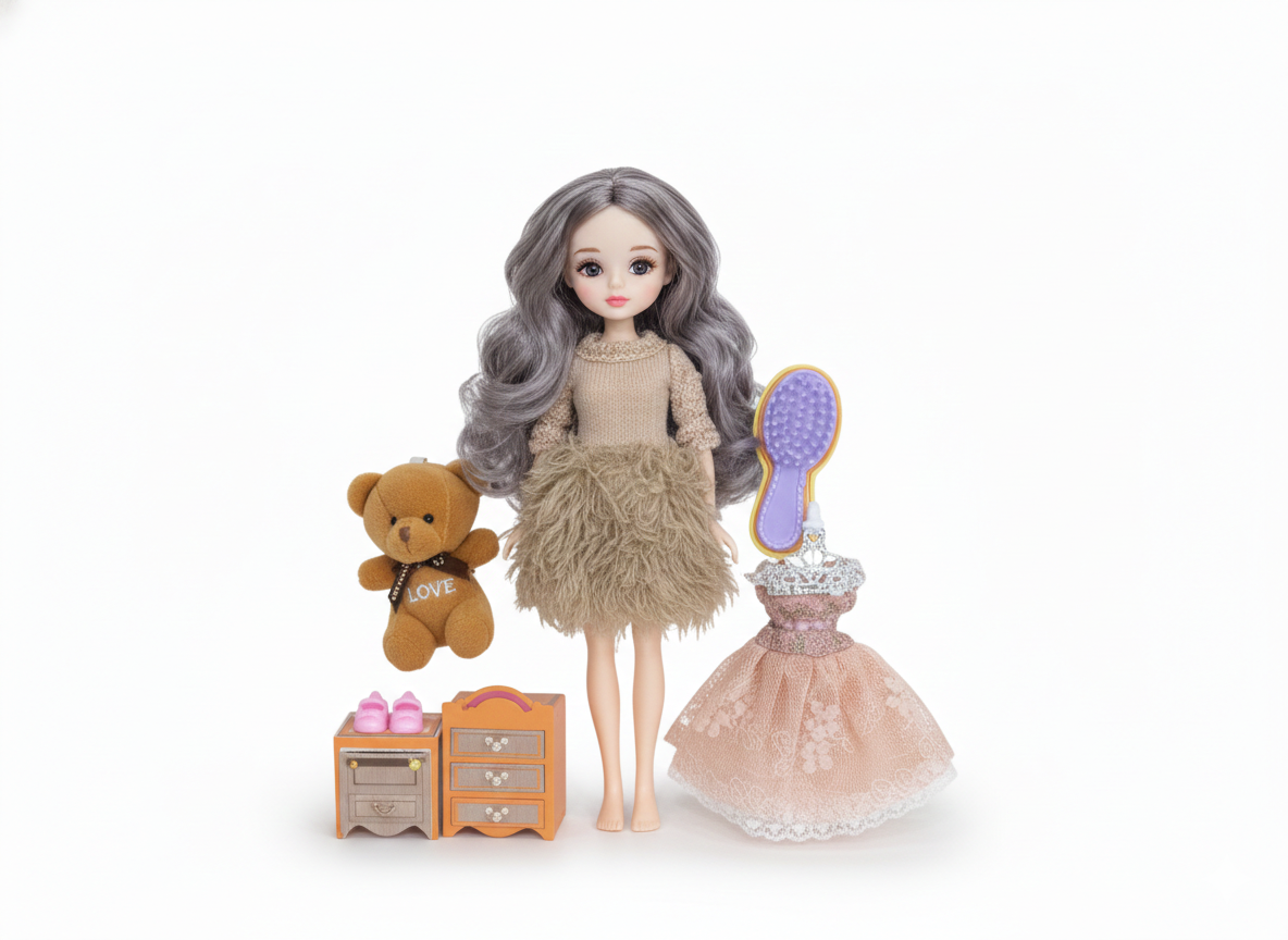 Fashion Doll for Girls with Long Grey Hair, Interchangeable Dresses, Teddy Bear & Accessories Set, Comb & Mini Furniture Included, Kids Toy Gift Age 3+ (Multicolor)