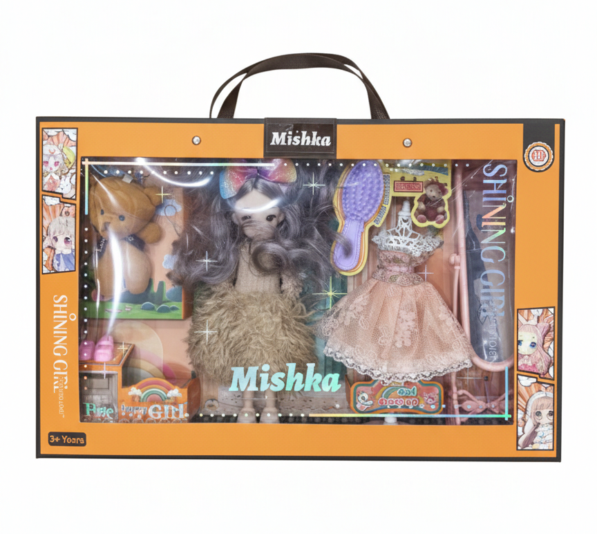Fashion Doll for Girls with Long Grey Hair, Interchangeable Dresses, Teddy Bear & Accessories Set, Comb & Mini Furniture Included, Kids Toy Gift Age 3+ (Multicolor)