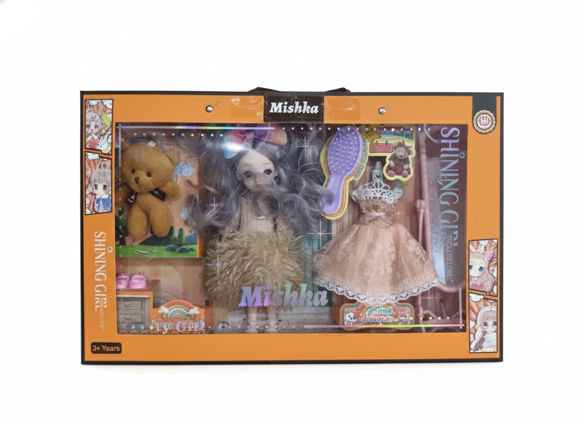 Fashion Doll for Girls with Long Grey Hair, Interchangeable Dresses, Teddy Bear & Accessories Set, Comb & Mini Furniture Included, Kids Toy Gift Age 3+ (Multicolor)