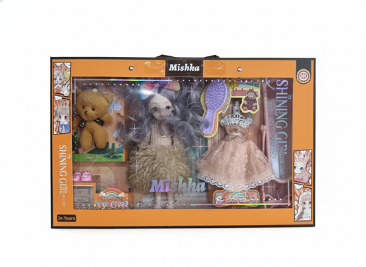 Fashion Doll for Girls with Long Grey Hair, Interchangeable Dresses, Teddy Bear & Accessories Set, Comb & Mini Furniture Included, Kids Toy Gift Age 3+ (Multicolor)