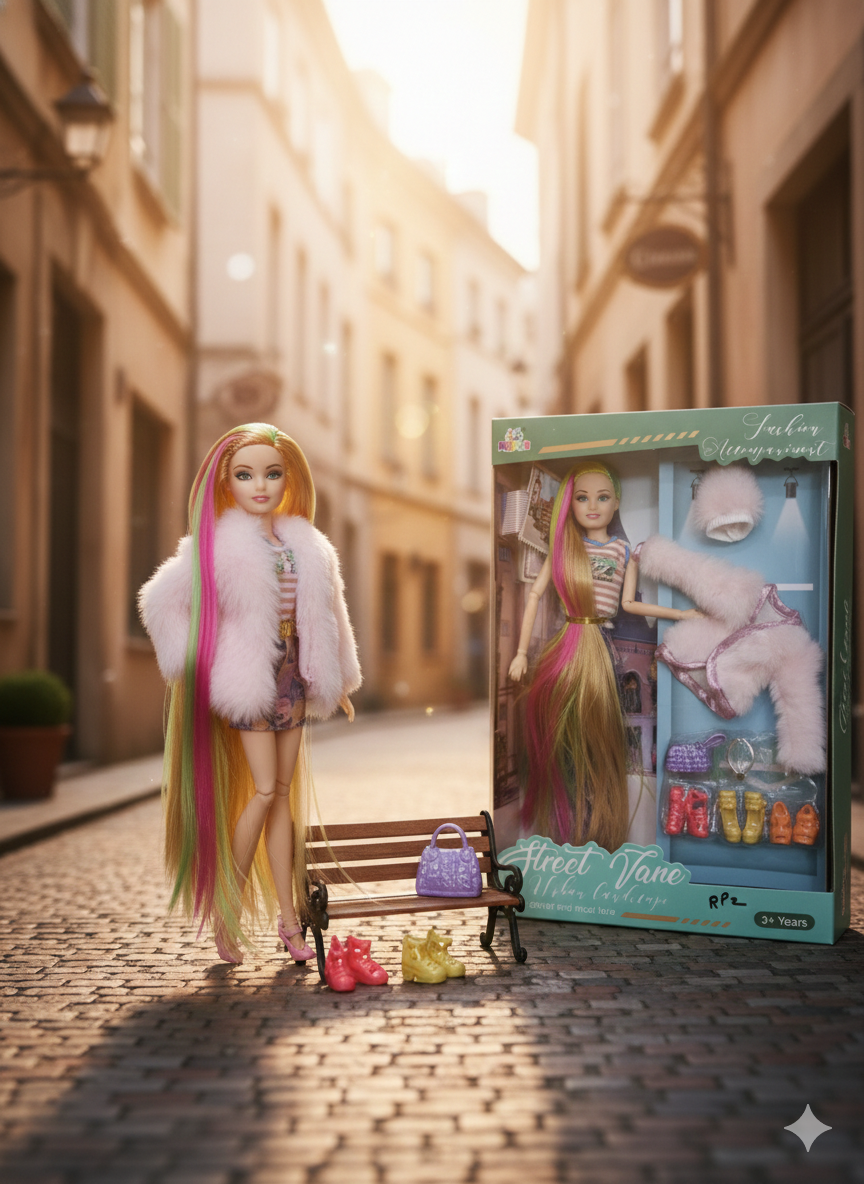 Fashion Doll Set for Girls | Street Vane Doll with 6 Pairs of Shoes & Accessories