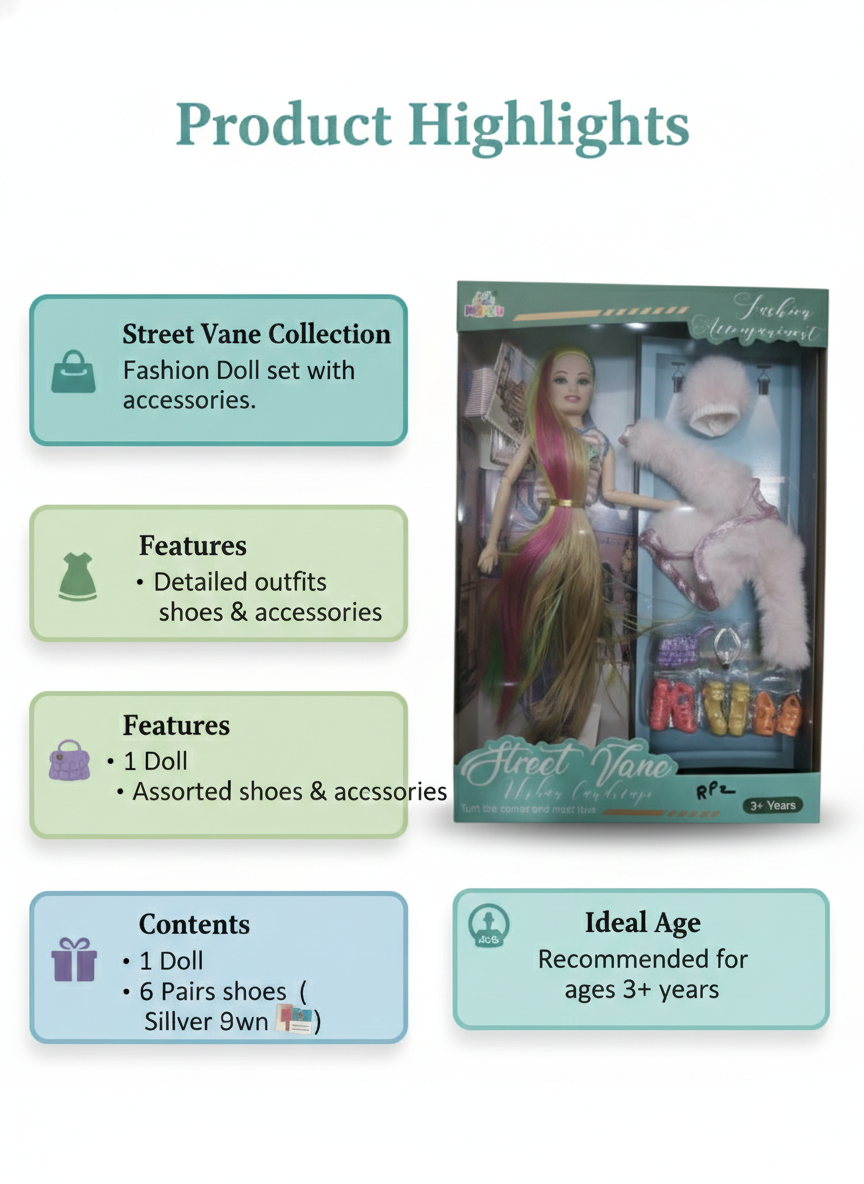 Fashion Doll Set for Girls | Street Vane Doll with 6 Pairs of Shoes & Accessories