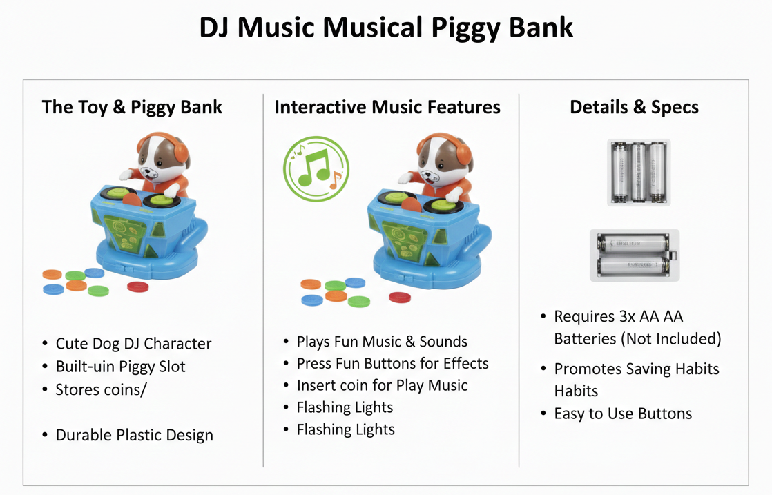DJ Music Piggy Bank Toy for Kids with Lights & Sound | Musical Coin Saving Box with DJ Dog Character
