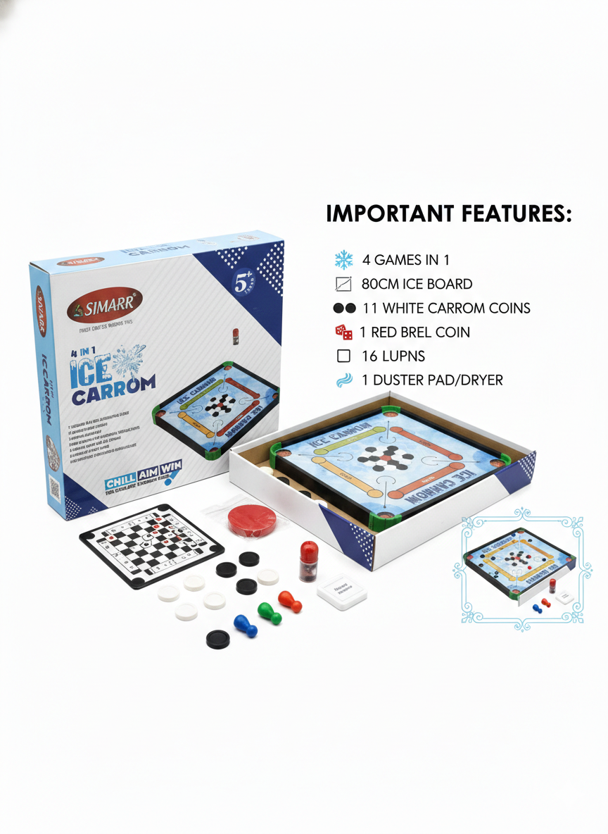 4 in 1 Ice Carrom Board Game Set for Kids & Family | Mini Carrom, Ludo, Chess & Board Games Combo