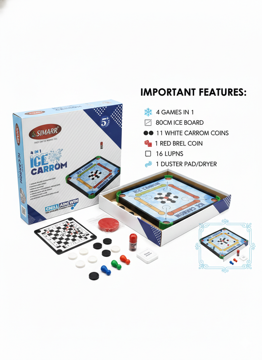 4 in 1 Ice Carrom Board Game Set for Kids & Family | Mini Carrom, Ludo, Chess & Board Games Combo