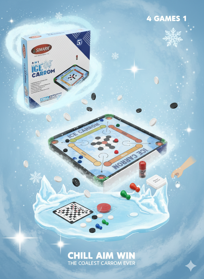 4 in 1 Ice Carrom Board Game Set for Kids & Family | Mini Carrom, Ludo, Chess & Board Games Combo