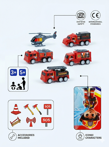Fire Truck Toy Set for Kids (Pack of 6), Mini Fire Fighter Vehicles, Pull Back Rescue Trucks, Plastic Toy Cars Set for Boys & Girls (Ages 3+)