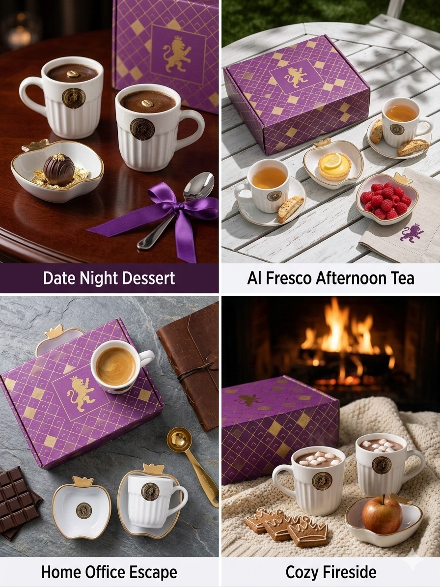 Premium Dessert & Coffee Set (4 Pieces) | Porcelain Coffee Mug & Apple-Shaped Bow