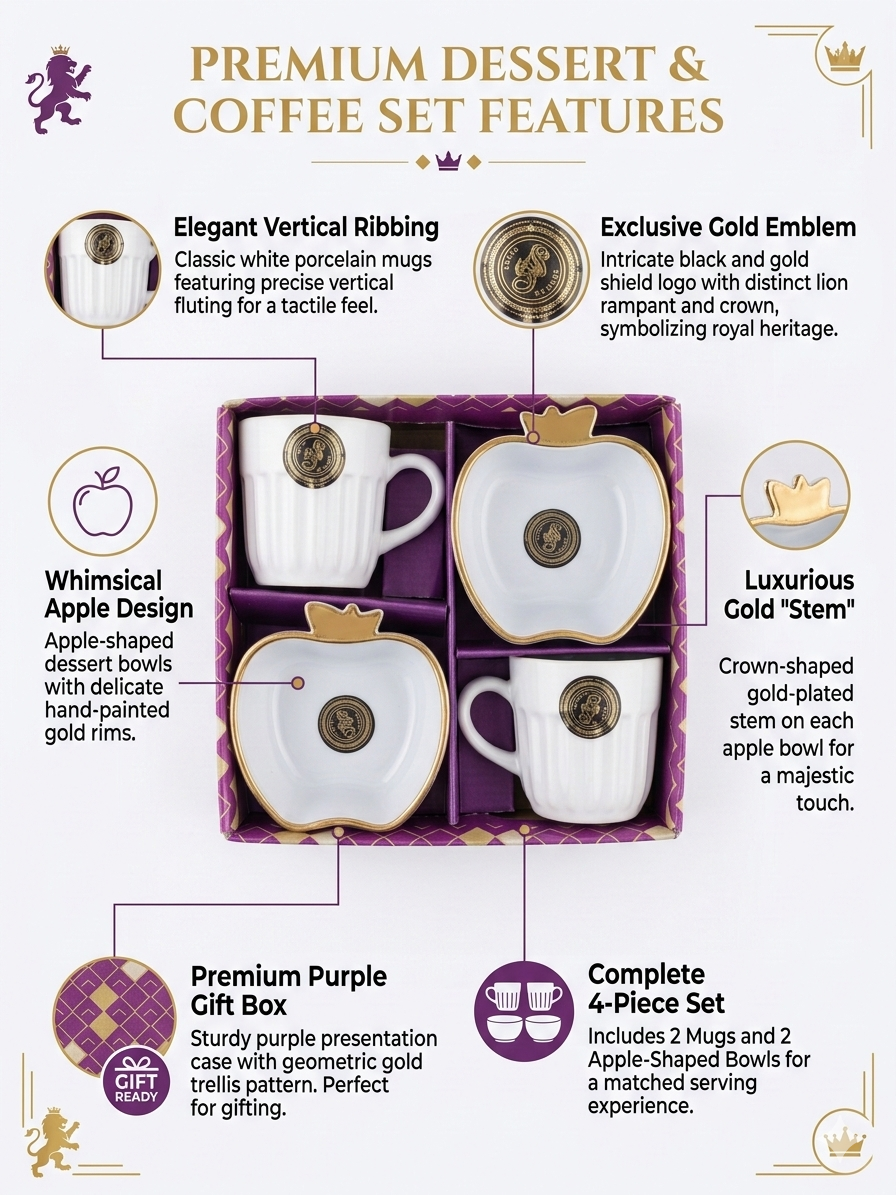 Premium Dessert & Coffee Set (4 Pieces) | Porcelain Coffee Mug & Apple-Shaped Bow
