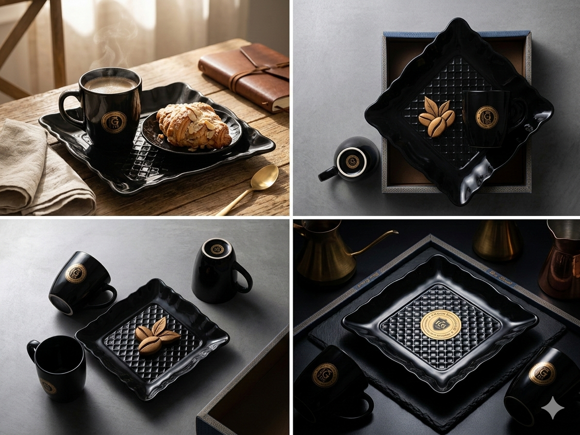 Blue Streak Ceramic Dining Set with Snack Platter & 2 Coffee Mugs | Premium Black Ceramic Tea & Snack Set | Luxury Gift Set with Box