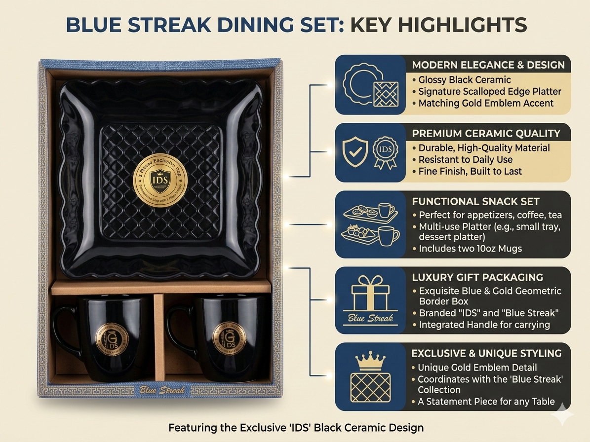 Blue Streak Ceramic Dining Set with Snack Platter & 2 Coffee Mugs | Premium Black Ceramic Tea & Snack Set | Luxury Gift Set with Box
