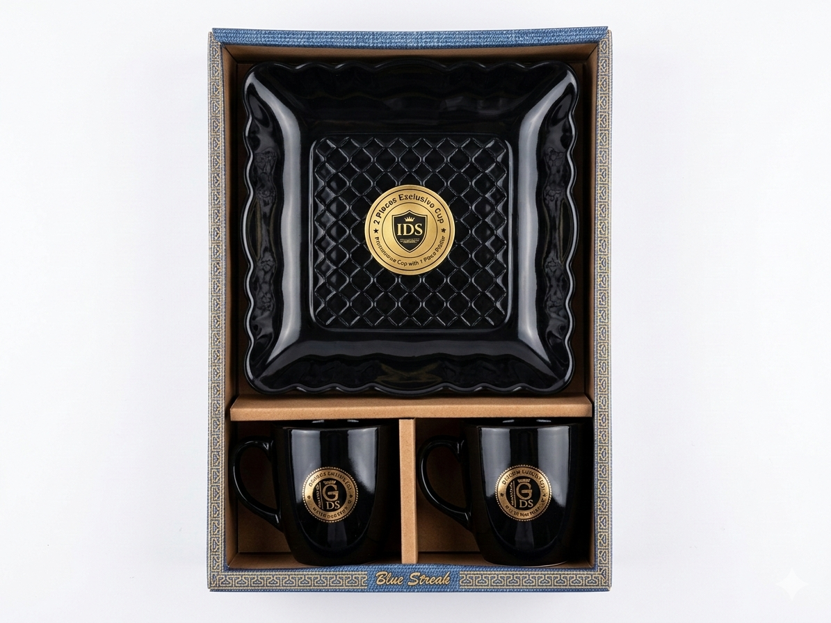 Blue Streak Ceramic Dining Set with Snack Platter & 2 Coffee Mugs | Premium Black Ceramic Tea & Snack Set | Luxury Gift Set with Box