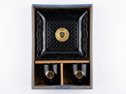 Blue Streak Ceramic Dining Set with Snack Platter & 2 Coffee Mugs | Premium Black Ceramic Tea & Snack Set | Luxury Gift Set with Box