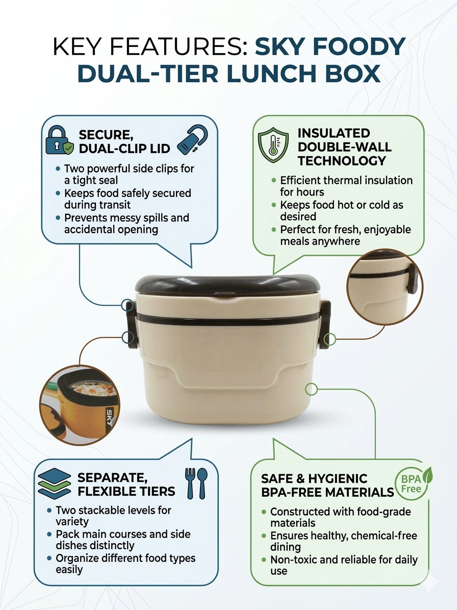 Sky Foody Dual-Tier Lunch Box for Office & School | Insulated Double-Wall Tiffin Box
