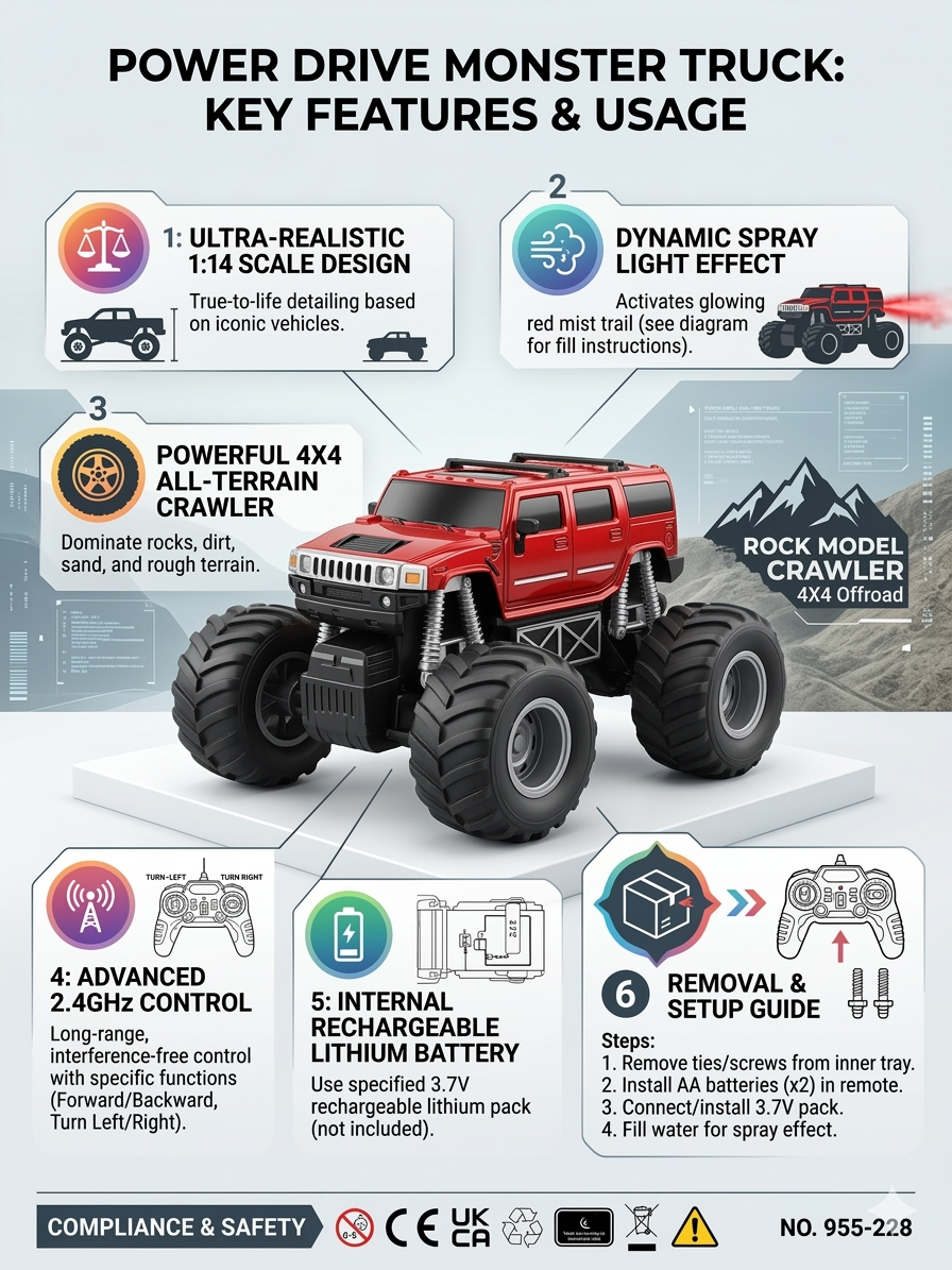 Remote Control Monster Truck 4x4 | Rechargeable RC Car with Spray & Light Effects