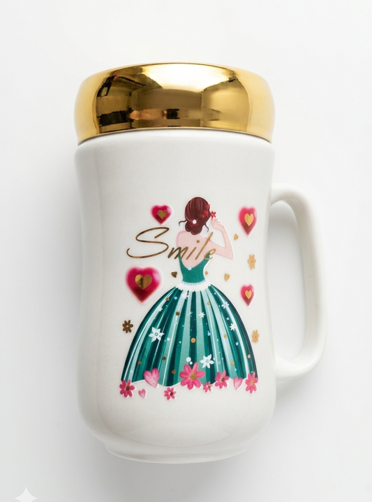 Luxury Ceramic Mug with Mirror Lid & Gold Rim | Designer Coffee Mug with Artistic Ballerina Print