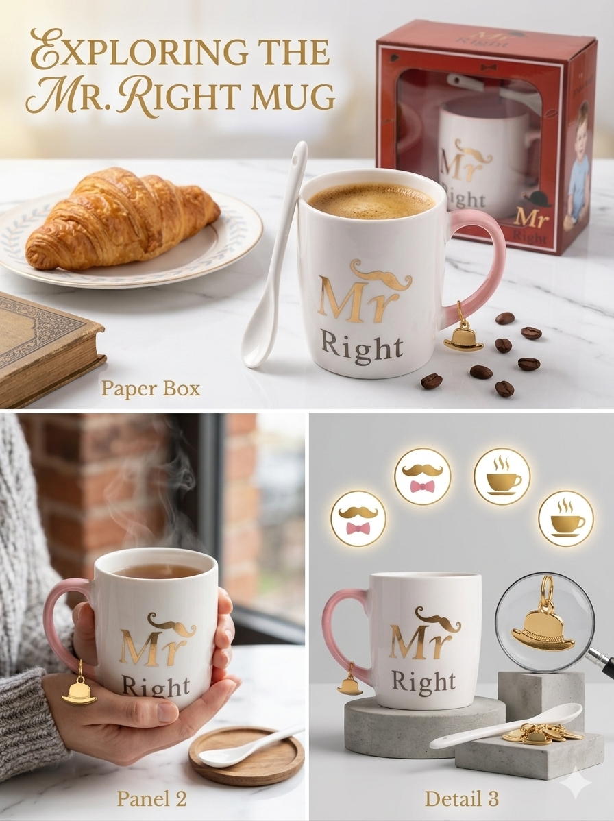 Mr Right Coffee Mug Gift Set (325ml) | Ceramic Mug with Spoon & Charm