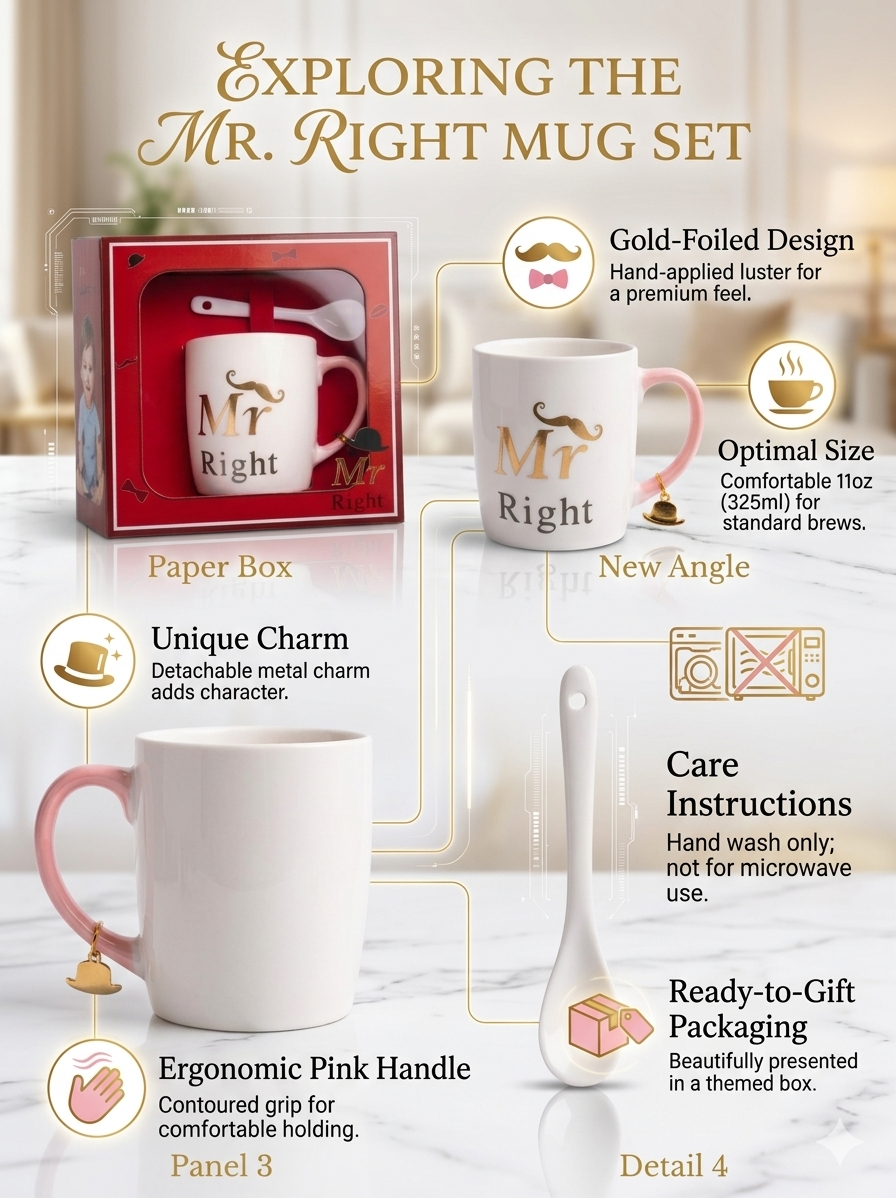 Mr Right Coffee Mug Gift Set (325ml) | Ceramic Mug with Spoon & Charm