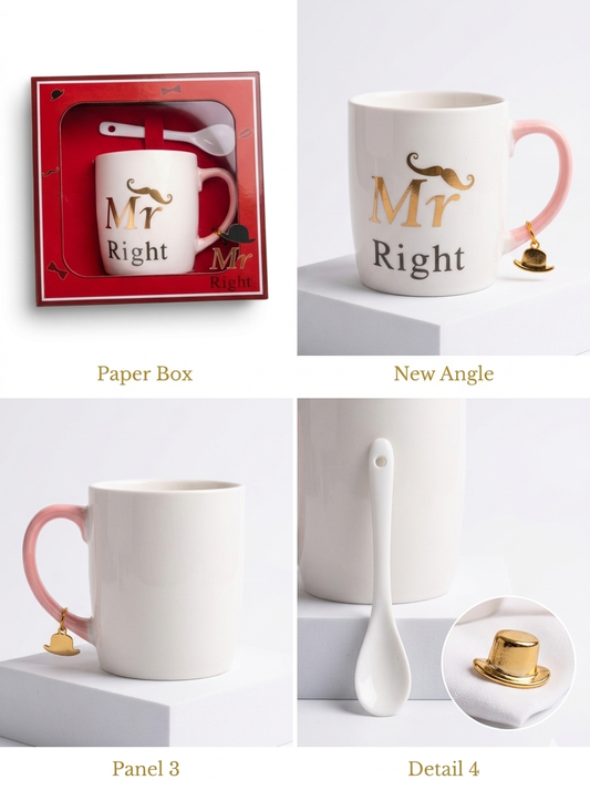 Mr Right Coffee Mug Gift Set (325ml) | Ceramic Mug with Spoon & Charm
