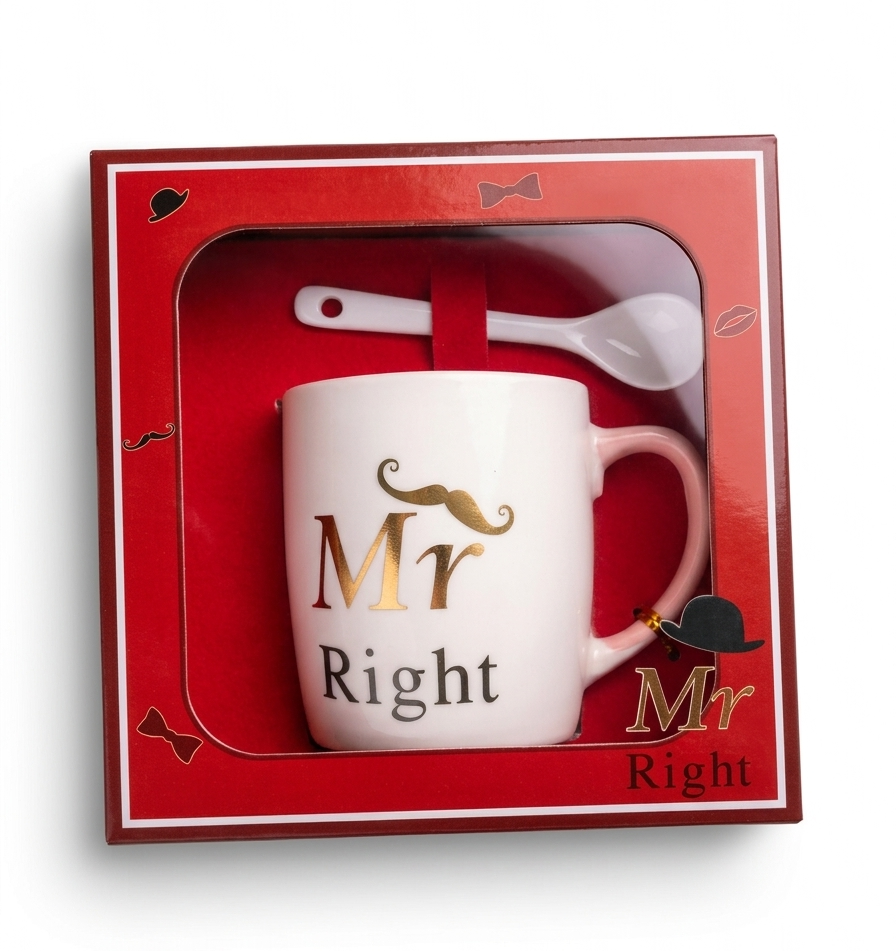 Mr Right Coffee Mug Gift Set (325ml) | Ceramic Mug with Spoon & Charm