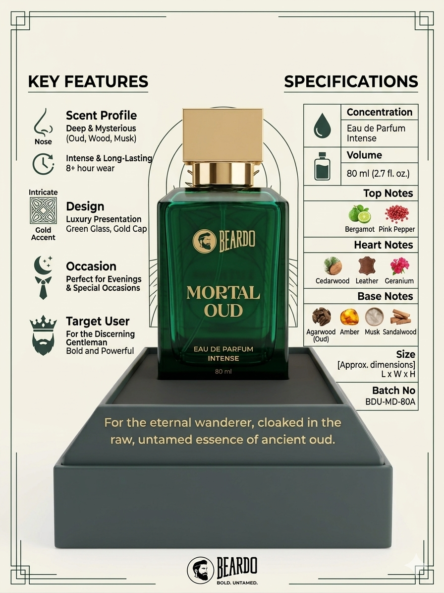 Beardo Mortal Oud Eau De Parfum for Men, 80ml | Long Lasting Luxury Oud Perfume with Musk & Sandalwood