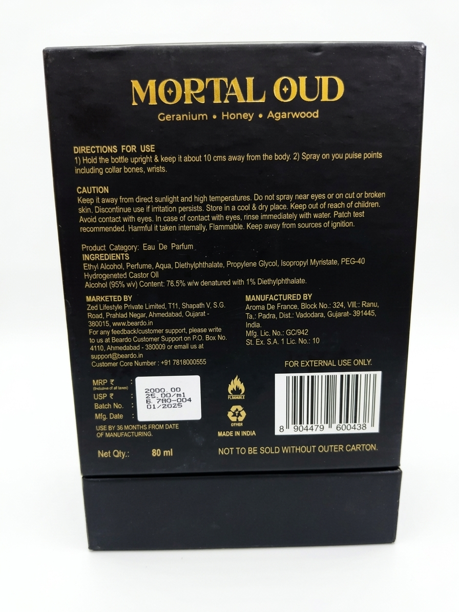 Beardo Mortal Oud Eau De Parfum for Men, 80ml | Long Lasting Luxury Oud Perfume with Musk & Sandalwood