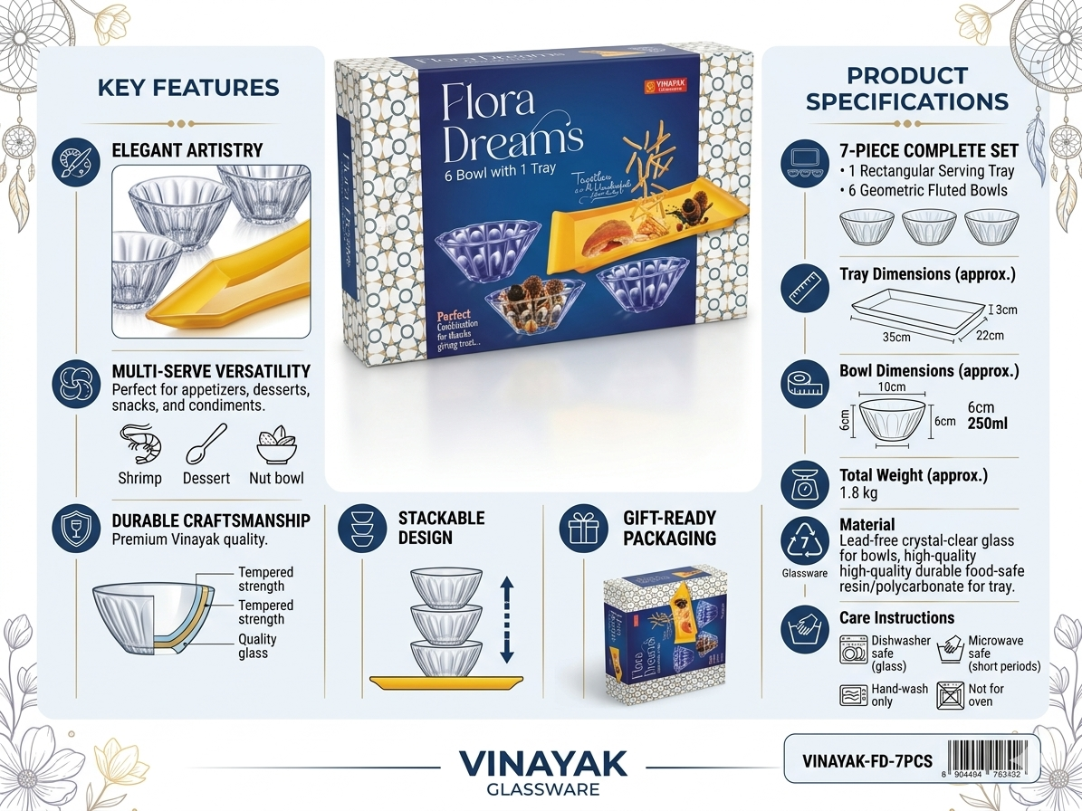 Vinayak Flora Dreams Glass Serving Set (7 Pieces) | 6 Crystal Clear Glass Bowls with Rectangular Serving Tray