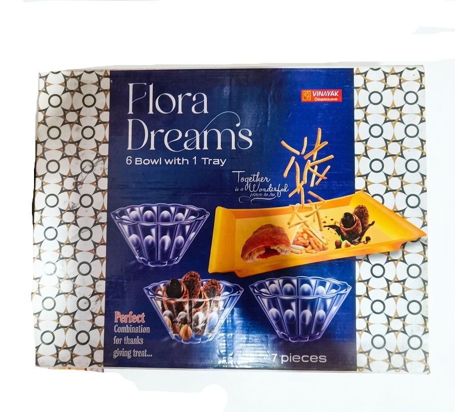 Vinayak Flora Dreams Glass Serving Set (7 Pieces) | 6 Crystal Clear Glass Bowls with Rectangular Serving Tray