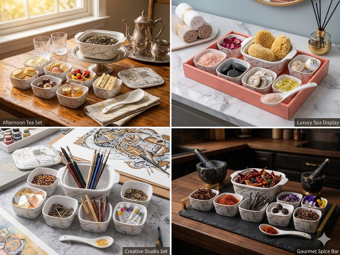 Premium Golden Marble Serving Set (8 Pieces) | Ceramic Casserole with Lid & 6 Bowls + Serving Spoon