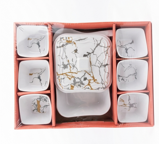 Premium Golden Marble Serving Set (8 Pieces) | Ceramic Casserole with Lid & 6 Bowls + Serving Spoon