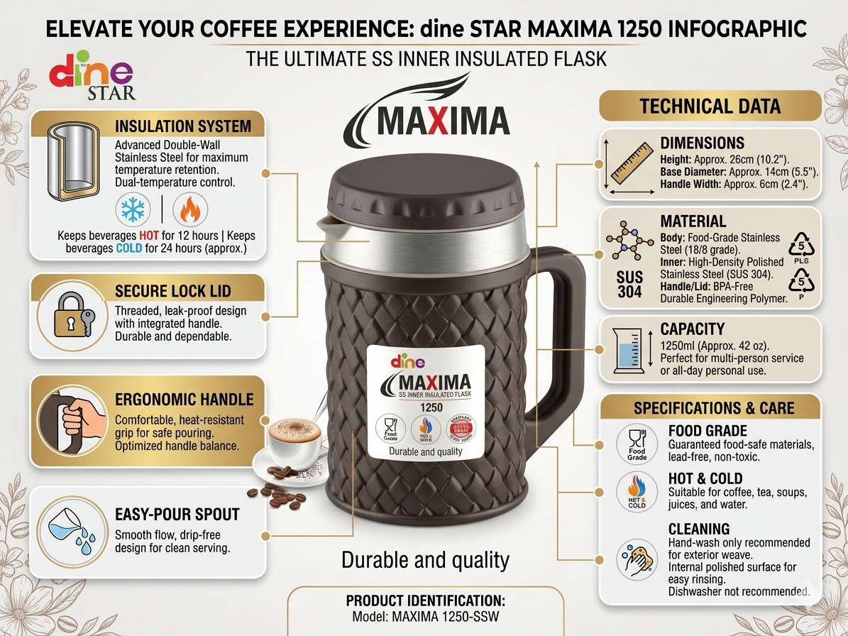 Dine Star MAXIMA 1250ml Insulated Flask | Stainless Steel Double Wall Vacuum Thermos with Handle