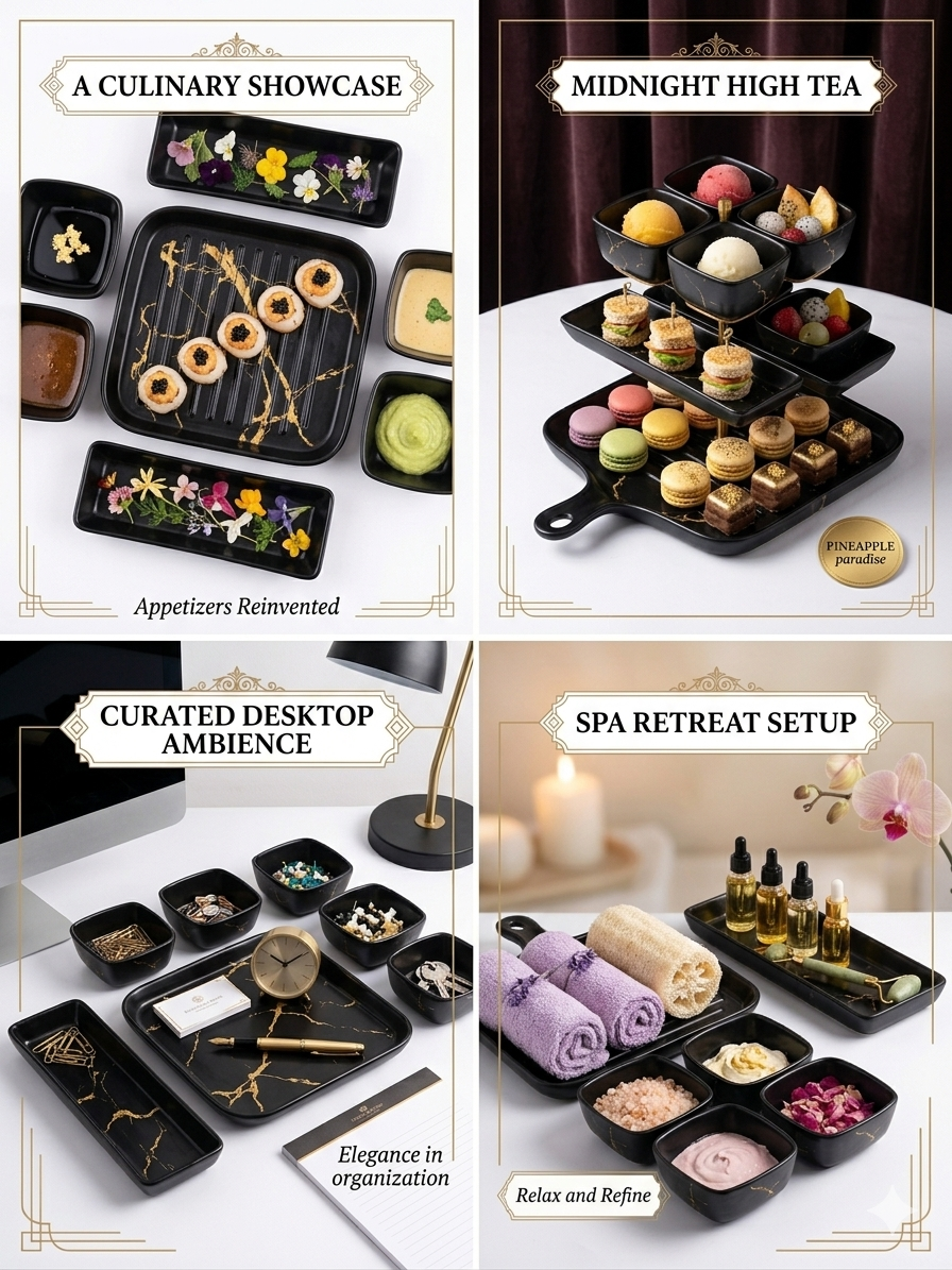 Premium Black & Gold Marble Serving Set (8 Pieces) | Ceramic Snack Serving Set with Platter & Bowls