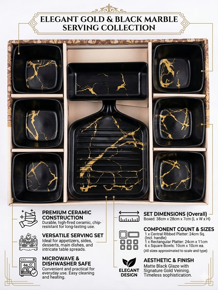 Premium Black & Gold Marble Serving Set (8 Pieces) | Ceramic Snack Serving Set with Platter & Bowls