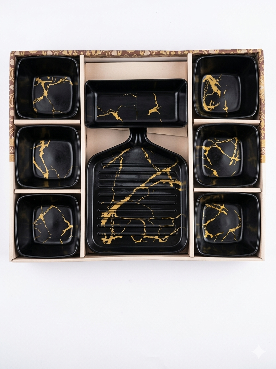 Premium Black & Gold Marble Serving Set (8 Pieces) | Ceramic Snack Serving Set with Platter & Bowls
