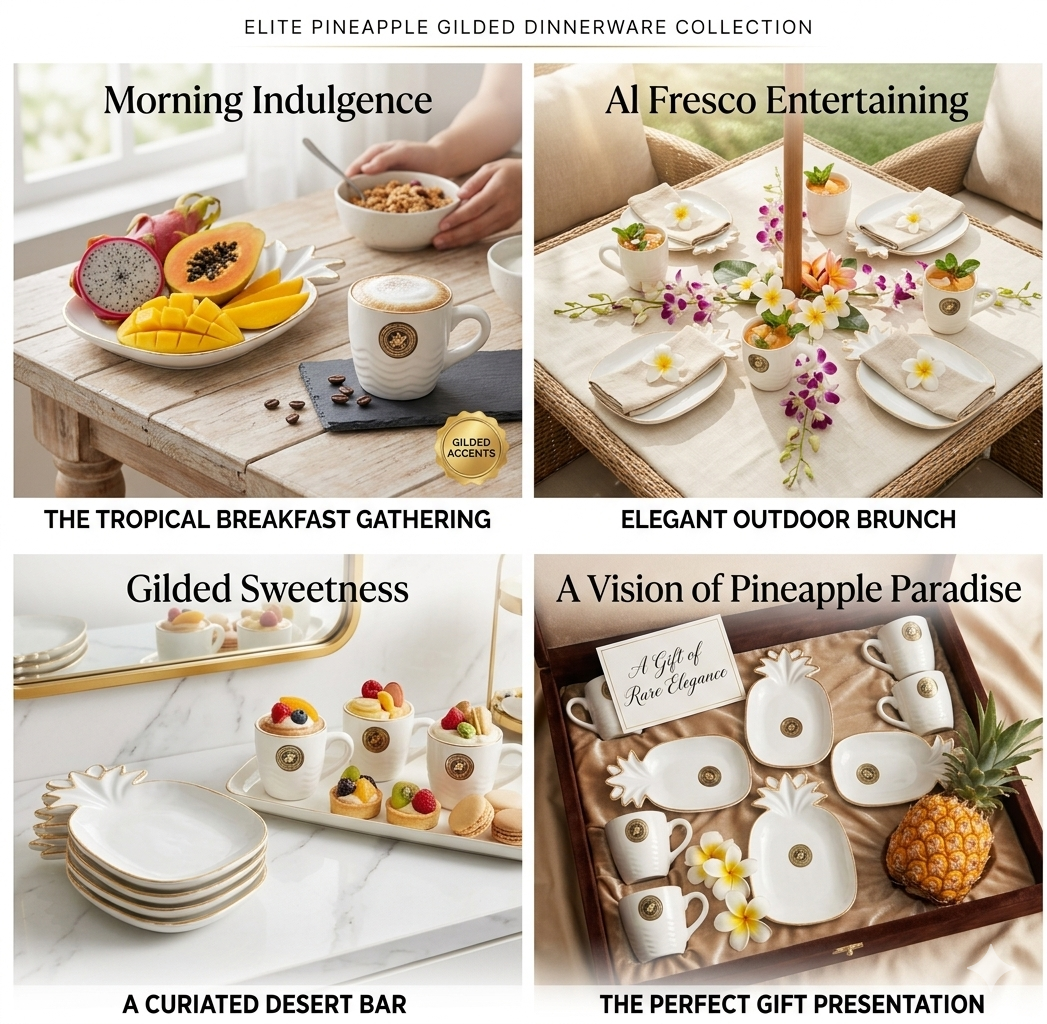 Premium Pineapple Dinnerware Set (12 Pieces) | Porcelain Tea & Coffee Cup Set with Designer Plates
