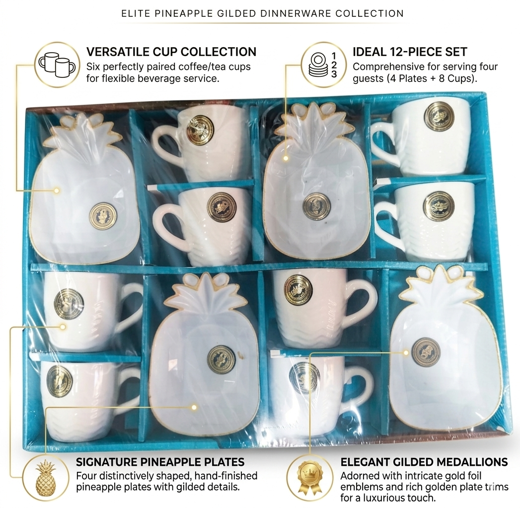 Premium Pineapple Dinnerware Set (12 Pieces) | Porcelain Tea & Coffee Cup Set with Designer Plates