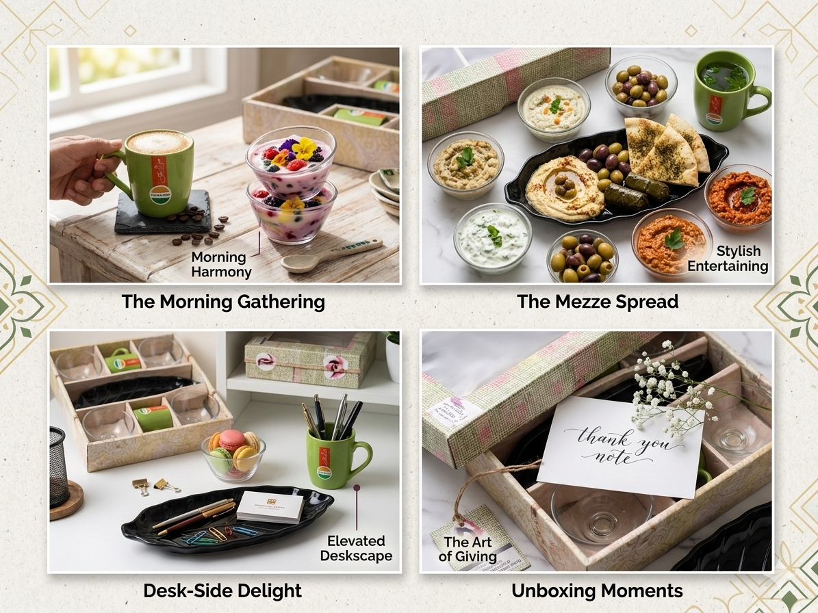 7-Piece Serving Set with Leaf Platter & Mugs | Snack Serving Set with 4 Glass Bowls, 2 Coffee Mugs & Large Leaf Tray