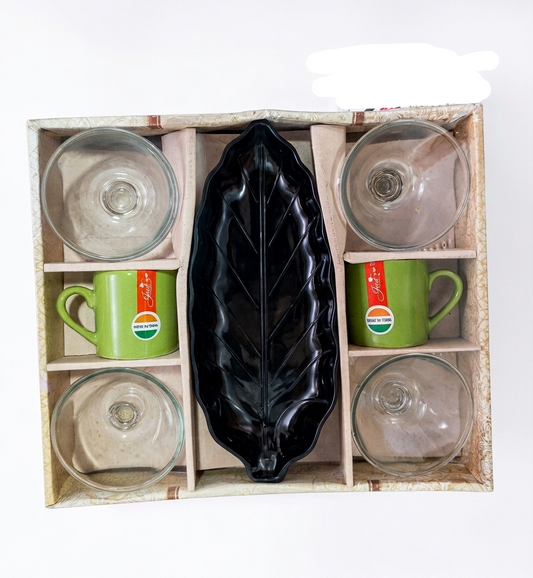 7-Piece Serving Set with Leaf Platter & Mugs | Snack Serving Set with 4 Glass Bowls, 2 Coffee Mugs & Large Leaf Tray