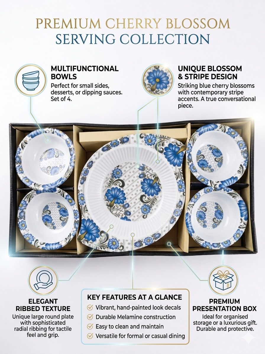 Cherry Blossom Serving Set (5 Pieces) | Large Serving Plate with 4 Bowls