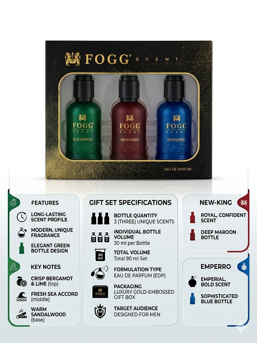 FOGG Scent Eau De Parfum Gift Set for Men – Pack of 3 (Elegance, New King, Emperor) 30ml Each – Long-Lasting Premium Fragrance Combo with Luxury Gift Box