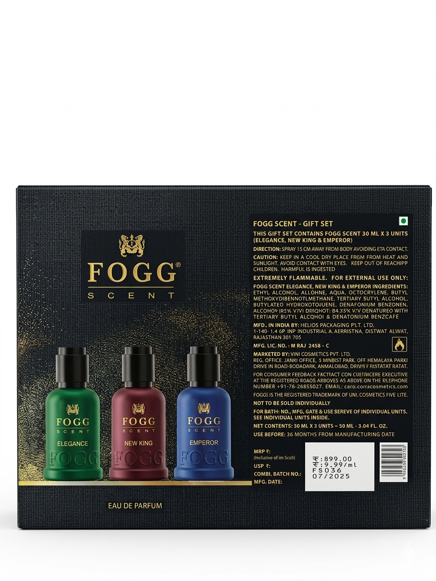 FOGG Scent Eau De Parfum Gift Set for Men – Pack of 3 (Elegance, New King, Emperor) 30ml Each – Long-Lasting Premium Fragrance Combo with Luxury Gift Box
