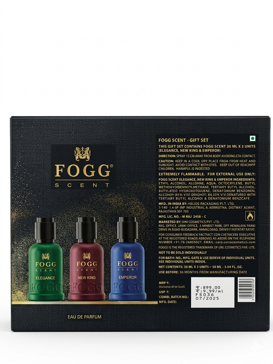 FOGG Scent Eau De Parfum Gift Set for Men – Pack of 3 (Elegance, New King, Emperor) 30ml Each – Long-Lasting Premium Fragrance Combo with Luxury Gift Box