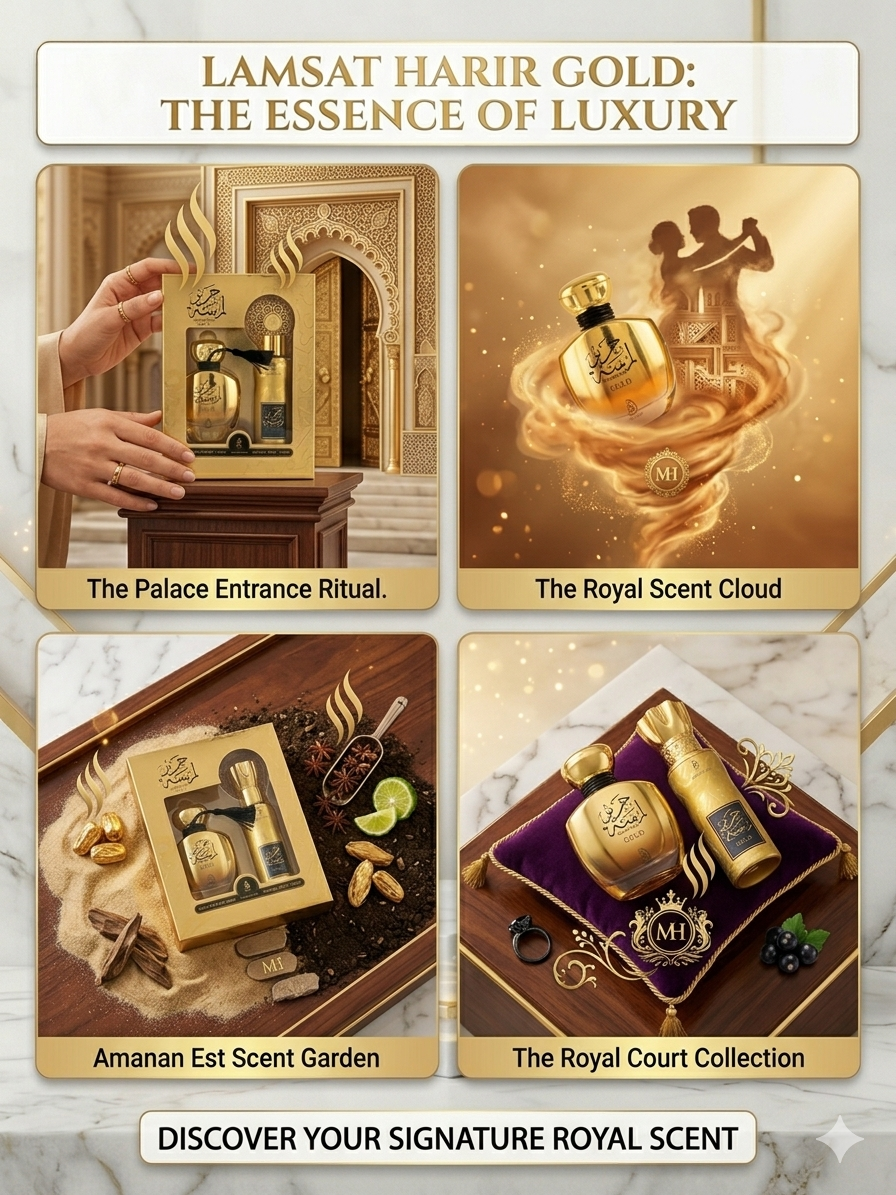 Lamsat Harir Gold Perfume Gift Set – Eau De Parfum 100ml + Perfume Spray 200ml – Long-Lasting Arabic Luxury Fragrance for Men & Women – Premium Gold Packaging