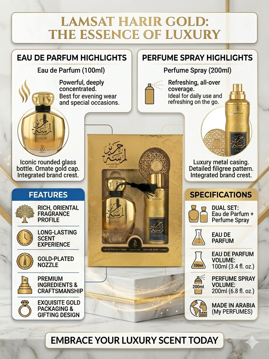 Lamsat Harir Gold Perfume Gift Set – Eau De Parfum 100ml + Perfume Spray 200ml – Long-Lasting Arabic Luxury Fragrance for Men & Women – Premium Gold Packaging