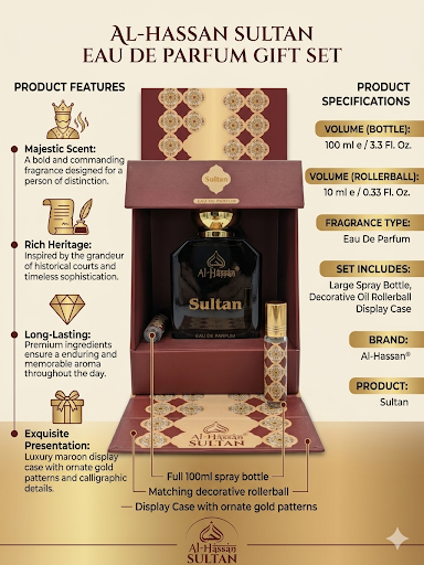 Al-Hassan Sultan Eau De Parfum Gift Set | 100ml EDP + 10ml Roll-On Attar | Luxury Long-Lasting Arabian Perfume for Men | Premium Gift Set