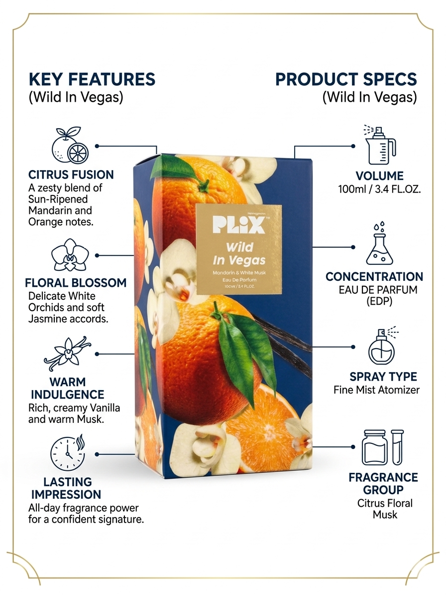 PLIX Wild In Vegas Eau De Parfum | 100ml Long-Lasting Unisex Perfume | Citrus Floral Musk Fragrance with Mandarin, Jasmine & Vanilla